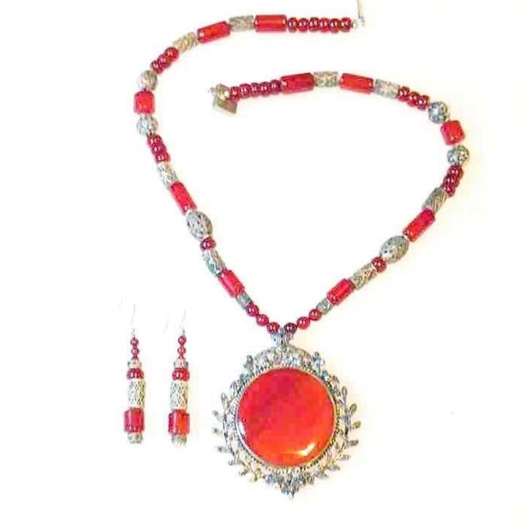 Sterling Marcasite Carnelian Power Necklace & Earrings